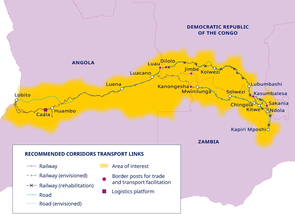 Map of the Lobito Corridor's recommended transport links, running from the port of Lobito through Huambo, Luena and Luau in Angola to Kolwezi and Lubumbashi in the DRC and Solwezi, Chingola, Kitwe, Ndola and Kapiri Mposhi in Zambia.
